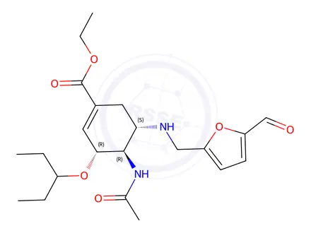 Chemical structure of Ethyl(3R,4R,5S)-4-(Acetylamino)-5{[(5-formylfuran-2-yl)methyl]amino}-3-(pentan-3-yloxy)cyclohex-1-ene-1-carboxylate