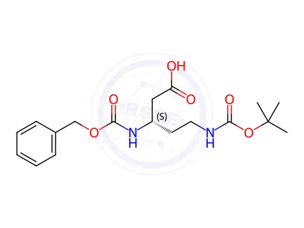 Chemical structure of (S)-N-beta-Cbz-N-delta-(Tert-Butoxy)Carbonyl 3,5-diaminopentanoic acid