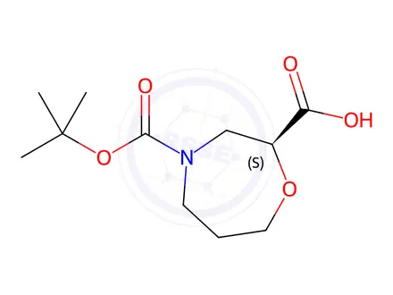 Chemical structure of (2S)-4-(tert-butoxycarbonyl)-1,4-oxazepane-2-carboxylic acid