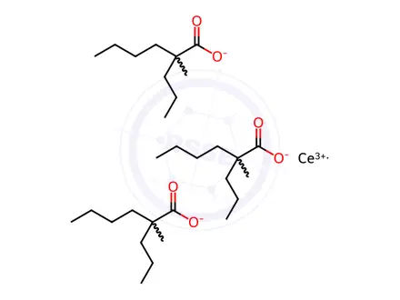 Chemical structure of cerium tris(2-methyl-2-propylhexanoate)