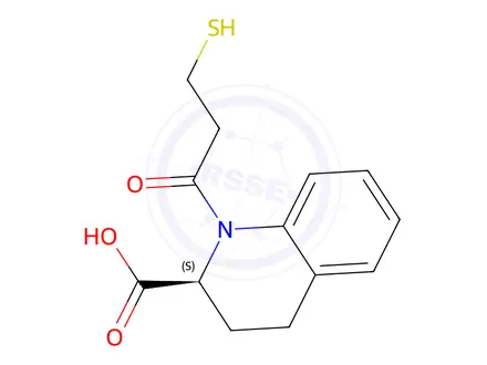 Chemical structure of (S)-1-(3-Mercaptopropanoyl)-1,2,3,4-tetrahydroquinoline-2-carboxylic acid
