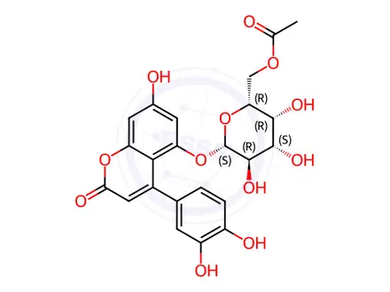 Chemical structure of 5-[(6-O-Acetyl-ß-D-galactopyranosyl)oxy]-4-(3,4-dihydroxyphenyl)-7-hydroxy-2H-1-benzopyran-2-one