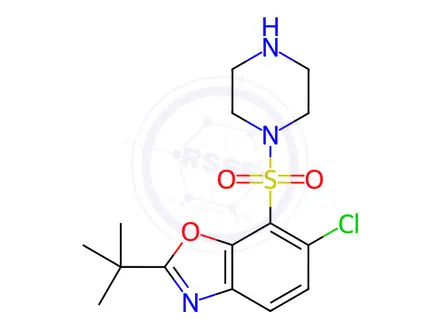 Chemical structure of N-[(2-tert-Butyl-6-chlorobenzoxazol-7-yl)sulfonyl]piperazine