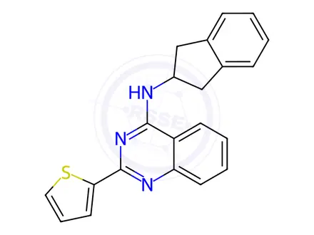 Chemical structure of N-(2,3-dihydro-1H-inden-2-yl)-2-(thiophen-2-yl)quinazolin-4-amine