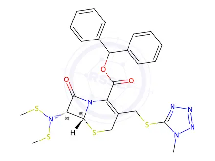 Chemical structure of benzhydryl (6R,7R)-7-(bis(methylthio)amino)-3-(((1-methyl-1H-tetrazol-5-yl)thio)methyl)-8-oxo-5-thia-1-azabicyclo[4.2.0]oct-2-ene-2-carboxylate