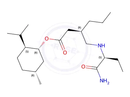 Chemical structure of (1R,2S,5R)-2-Isopropyl-5-methylcyclohexyl (R)-3-((((S)-1-amino-1-oxobutan-2-yl)amino)methyl)hexanoate