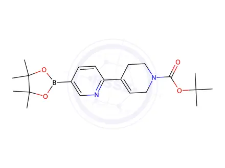 Chemical structure of tert-butyl 4-[5-(4,4,5,5-tetramethyl-1,3,2-dioxaborolan-2-yl)-2-pyridyl]-3,6-dihydro-2H-pyridine-1-carboxylate