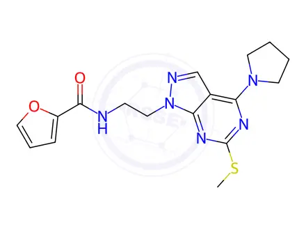 Chemical structure of N-(2-(6-(Methylthio)-4-(pyrrolidin-1-yl)-1H-pyrazolo[3,4-d]pyrimidin-1-yl)ethyl)furan-2-carboxamide