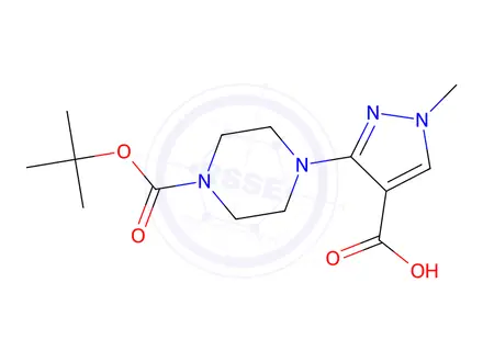 Chemical structure of 3-(4-(Tert-butoxycarbonyl)piperazin-1-yl)-1-methyl-1H-pyrazole-4-carboxylic acid