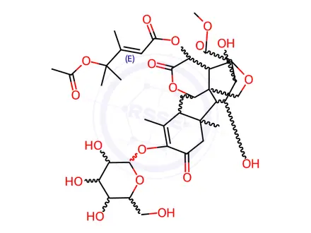 Chemical structure of Picras-3-en-21-oicacid,15-[[(2E)-4-(acetyloxy)-3,4-dimethyl-1-oxo-2-pentenyl]oxy]-13,20-epoxy-3-(b-D-glucopyranosyloxy)-11,12-dihydroxy-2,16-dioxo-,methyl ester, (11b,12a,15b)-(9CI)