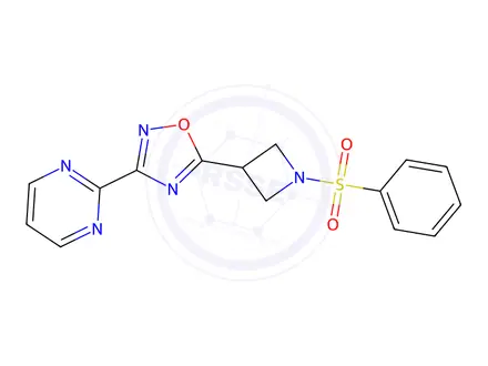 Chemical structure of 5-(1-(Phenylsulfonyl)azetidin-3-yl)-3-(pyrimidin-2-yl)-1,2,4-oxadiazole