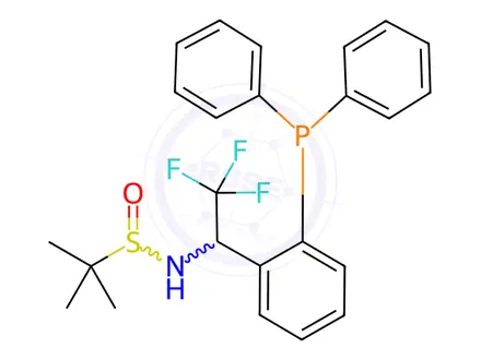 Chemical structure of N-((S)-1-(2-(Diphenylphosphanyl)phenyl)-2,2,2-trifluoroethyl)-2-methylpropane-2-sulfinamide