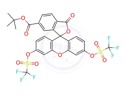 Chemical structure of Spiro[isobenzofuran-1(3H),9'-[9H]xanthene]-6-carboxylic acid, 3-oxo-3',6'-bis[[(trifluoromethyl)sulfonyl]oxy]-, 1,1-dimethylethyl ester
