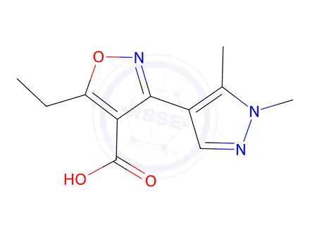 Chemical structure of 3-(1,5-Dimethyl-1h-pyrazol-4-yl)-5-ethylisoxazole-4-carboxylic acid