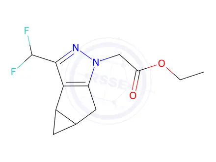 Chemical structure of 1H-Cyclopropa[3,4]cyclopenta[1,2-c]pyrazole-1-acetic acid, 3-(difluoromethyl)-3b,4,4a,5-tetrahydro-, ethyl ester