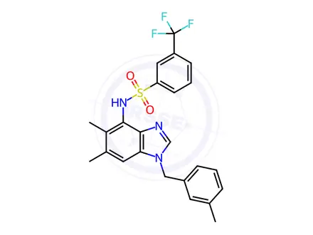 Chemical structure of N-(5,6-dimethyl-1-(3-methylbenzyl)-1H-benzo[d]imidazol-4-yl)-3-(trifluoromethyl)benzenesulfonamide