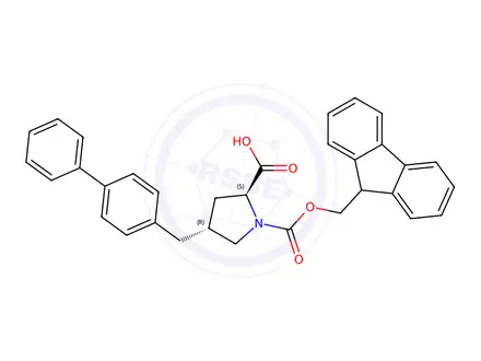 Chemical structure of (2S,4R)-1-(((9H-fluoren-9-yl)methoxy)carbonyl)-4-([1,1'-biphenyl]-4-ylmethyl)pyrrolidine-2-carboxylic acid