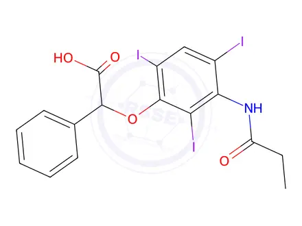 Chemical structure of 2-Phenyl-2-(3-propionylamino-2,4,6-triiodophenoxy)acetic acid