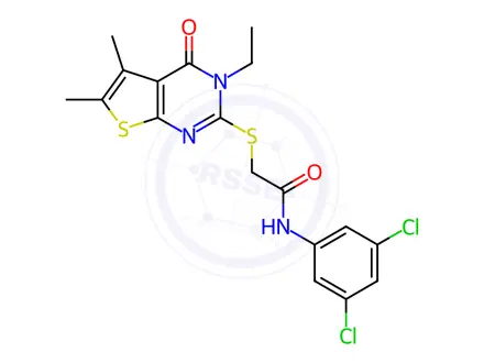 Chemical structure of N-(3,5-Dichlorophenyl)-2-((3-ethyl-5,6-dimethyl-4-oxo-3,4-dihydrothieno[2,3-d]pyrimidin-2-yl)thio)acetamide