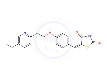 Chemical structure of (E)-5-(4-(2-(5-Ethylpyridin-2-yl)ethoxy)benzylidene)thiazolidine-2,4-dione