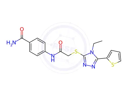 Chemical structure of 4-(2-((4-Ethyl-5-(thiophen-2-yl)-4H-1,2,4-triazol-3-yl)thio)acetamido)benzamide