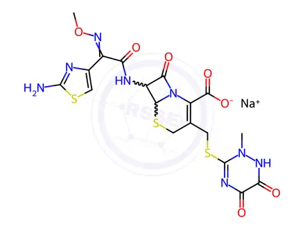 Chemical structure of Sodium (6R,7R)-7-((Z)-2-(2-aminothiazol-4-yl)-2-(methoxyimino)acetamido)-3-(((2-methyl-5,6-dioxo-1,2,5,6-tetrahydro-1,2,4-triazin-3-yl)thio)methyl)-8-oxo-5-thia-1-azabicyclo[4.2.0]oct-2-ene-2-carboxylate