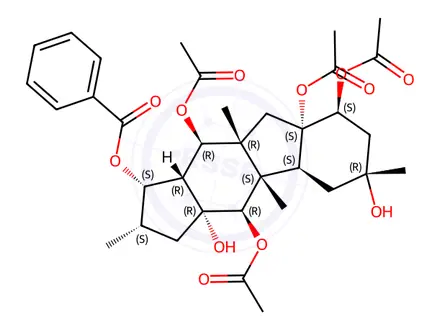 Chemical structure of 5,8,9,14-Tetraacetoxy-3-benzoyloxy-10,15-dihydroxypepluane
