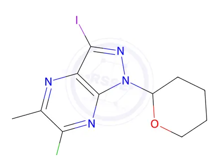 Chemical structure of 6-Chloro-3-iodo-5-methyl-1-(tetrahydro-2H-pyran-2-yl)-1H-pyrazolo[3,4-b]pyrazine