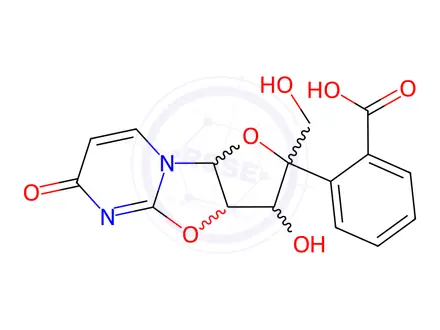 Chemical structure of 2,3,3a,9a-Tetrahydro-3-hydroxy-2-(hydroxymethyl)-6H-furo[2',3':4,5]oxazolo[3,2-a]pyrimidin-6-one 2-benzoate