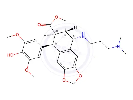 Chemical structure of 4'-O-demethyl-4-((3''-(dimethylamino)propyl)amino)-4-desoxypodophyllotoxin