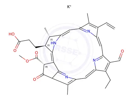 Chemical structure of potassium [3S-(3alpha,4beta,21beta)]-14-ethyl-13-formyl-21-(methoxycarbonyl)-4,8,18-trimethyl-20-oxo-9-vinylphorbine-3-propionate