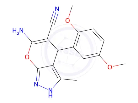 Chemical structure of 6-amino-4-(2,5-dimethoxyphenyl)-3-methyl-1,4-dihydropyrano[2,3-c]pyrazole-5-carbonitrile