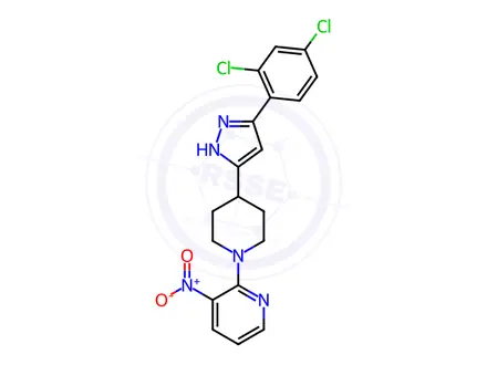 Chemical structure of 4-[5-(2,4-dichlorophenyl)-1H-pyrazol-3-yl]-1-(3-nitro-2-pyridinyl)piperidine