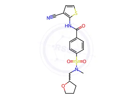 Chemical structure of N-(3-Cyanothiophen-2-yl)-4-(N-methyl-N-((tetrahydrofuran-2-yl)methyl)sulfamoyl)benzamide