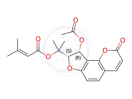 Chemical structure of 3-Methyl-2-butenoic acid [1-[(8S)-9α-acetoxy-8,9-dihydro-2-oxo-2H-furo[2,3-h]-1-benzopyran-8-yl]-1-methylethyl] ester