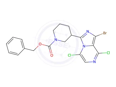 Chemical structure of Benzyl 3-(1-bromo-5,8-dichloroimidazo[1,5-a]pyrazin-3-yl)piperidine-1-carboxylate