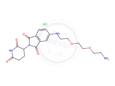 Chemical structure of 1H-Isoindole-1,3(2H)-dione, 5-[[2-[2-(2-aminoethoxy)ethoxy]ethyl]amino]-2-(2,6-dioxo-3-piperidinyl)-, hydrochloride (1:1)