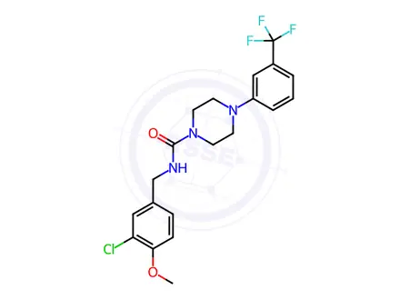 Chemical structure of N-(3-chloro-4-methoxybenzyl)-4-(3-(trifluoromethyl)phenyl)piperazine-1-carboxamide