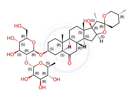 Chemical structure of Spirostan-6-one, 3-[[2-O-(6-deoxy-α-L-mannopyranosyl)-β-D-glucopyranosyl]oxy]-17-hydroxy-, (3β,5α,25R)-