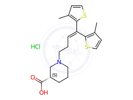 Chemical structure of (S)-1-(4,4-Bis(3-methylthiophen-2-yl)but-3-en-1-yl)piperidine-3-carboxylic Acid Hydrochloride