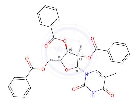Chemical structure of (2R,3R,4R,5R)-5-((Benzoyloxy)methyl)-3-methyl-2-(5-methyl-2,4-dioxo-3,4-dihydropyrimidin-1(2H)-yl)tetrahydrofuran-3,4-diyl dibenzoate