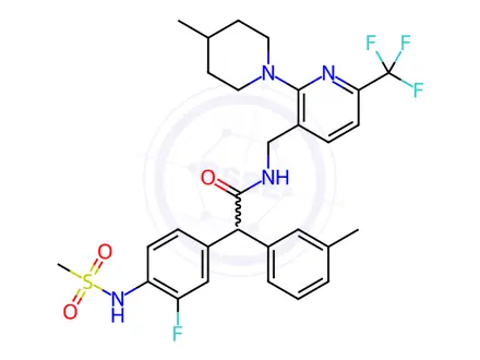 Chemical structure of 2-(3-fluoro-4-methanesulfonamidophenyl)-2-(3-methylphenyl)-N-{[2-(4-methylpiperidin-1-yl)-6-(trifluoromethyl)pyridin-3-yl]methyl}acetamide