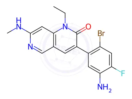 Chemical structure of 3-(5-Amino-2-bromo-4-fluorophenyl)-1-ethyl-7-(methylamino)-1,6-naphthyridin-2(1H)-one