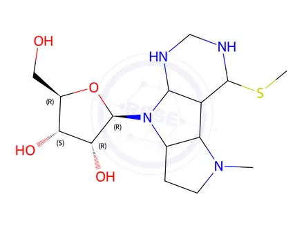 Chemical structure of (2R,3S,4R,5R)-2-(hydroxymethyl)-5-[3-methyl-12-(methylsulfanyl)-3,7,9,11-tetraazatricyclo[6.4.0.0²,⁶]dodeca-1(12),2(6),4,8,10-pentaen-7-yl]oxolane-3,4-diol