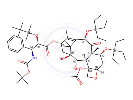 Chemical structure of (2aR,4S,4aS,6R,9S,11S,12S,12aR,12bS)-12b-acetoxy-11,12-dihydroxy-4a,8,13,13-tetramethyl-5-oxo-4,6-bis((triethylsilyl)oxy)-2a,3,4,4a,5,6,9,10,11,12,12a,12b-dodecahydro-1H-7,11-methanocyclodeca[3,4]benzo[1,2-b]oxet-9-yl 3-((tert-butoxycarbonyl)amino)-2-((tert-butyldimethylsilyl)oxy)-3-phenylpropanoate