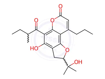 Chemical structure of 2,3-Dihydro-4-hydroxy-2-(1-hydroxy-1-methylethyl)-5-(2-methyl-1-oxobutyl)-9-propyl-7H-furo[2,3-f][1]benzopyran-7-one