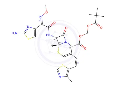 Chemical structure of (2S,6R,7R)-(pivaloyloxy)methyl 7-((Z)-2-(2-aminothiazol-4-yl)-2-(methoxyimino)acetamido)-3-((Z)-2-(4-methylthiazol-5-yl)vinyl)-8-oxo-5-thia-1-azabicyclo[4.2.0]oct-3-ene-2-carboxylate