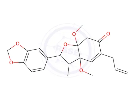 Chemical structure of 6(2H)-Benzofuranone,2-(1,3-benzodioxol-5- yl)-3,3a,7,7a-tetrahydro-3a,7a-dimethoxy-3- methyl-5-(2-propenyl)-,(2S,3R,3aS,7aR)-