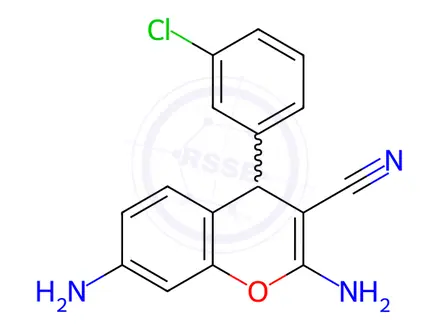 Chemical structure of 2,7-diamino-4-(3-chlorophenyl)-4H-chromene-3-carbonitrile