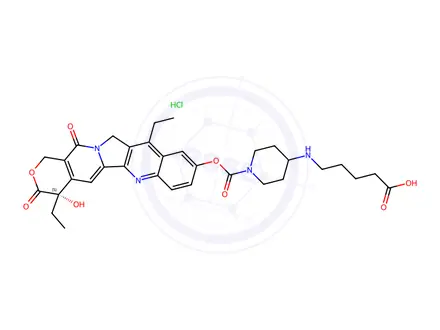 Chemical structure of 7-Ethyl-10-(4-N-aminopentanoic acid)-1-piperidino)carbonyloxycamptothecin Hydrochloride